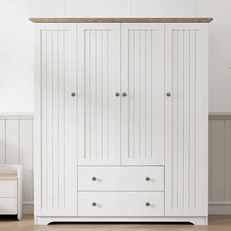 Freestanding 4 Door Wardrobe Armoire with 2 Drawers and Hanging Rods for Clothes Storage